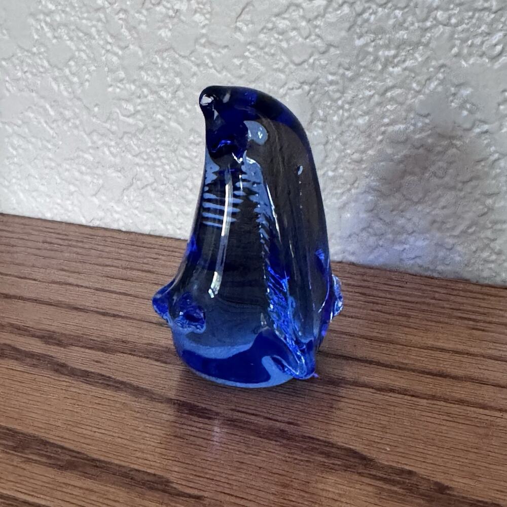 Glass Penguin Figurine Bird Sculpture Art Blue Glass 3” Paper Weight